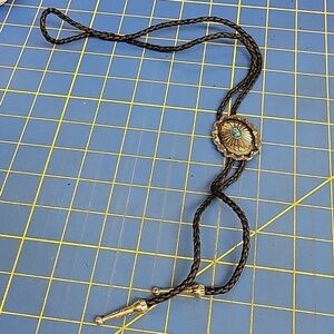 Bolo Oval Silver Tone Turquoise Accent Black Braided Pleather